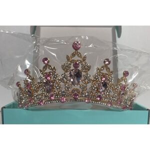 Kamirola Gold Pink Rhinestone Tiara Crown Wedding Prom Pageant Accessory‎ New